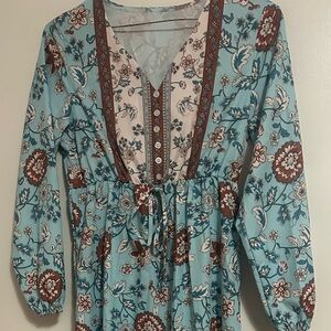 Floral Long Sleeve Dress in Blue and Brown